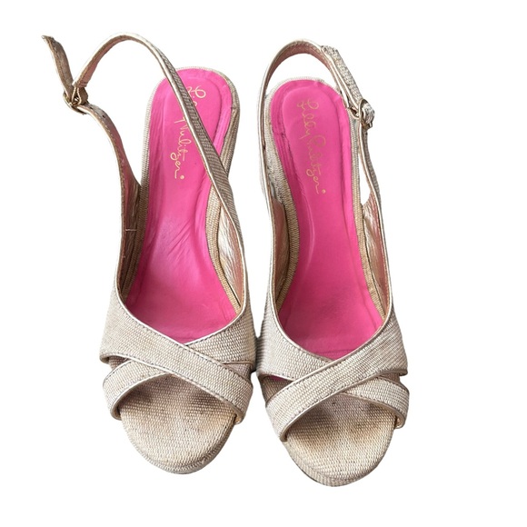 Lilly Pulitzer Picture Perfect Canvas Wedge Heel Sandals Gold Beige Size 7 M - Picture 4 of 9